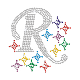 Crystal R Surrounded with Colorful Stars Iron on Rhinestone Transfer