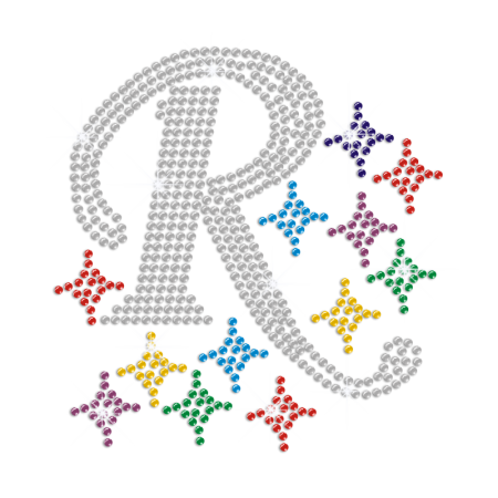 Crystal R Surrounded with Colorful Stars Iron on Rhinestone Transfer