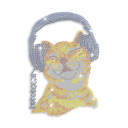 Cute Cat Listening to Music hotfix Rhinestud Rhinestone Transfer