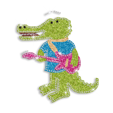 Colorful Crocodile Playing Guitar Iron on Glitter Rhinestone Transfer