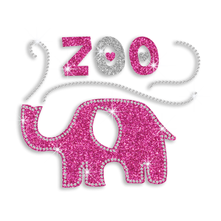 Happy Elephant Zoo Pink Glitter Rhinestone Iron-on Transfer