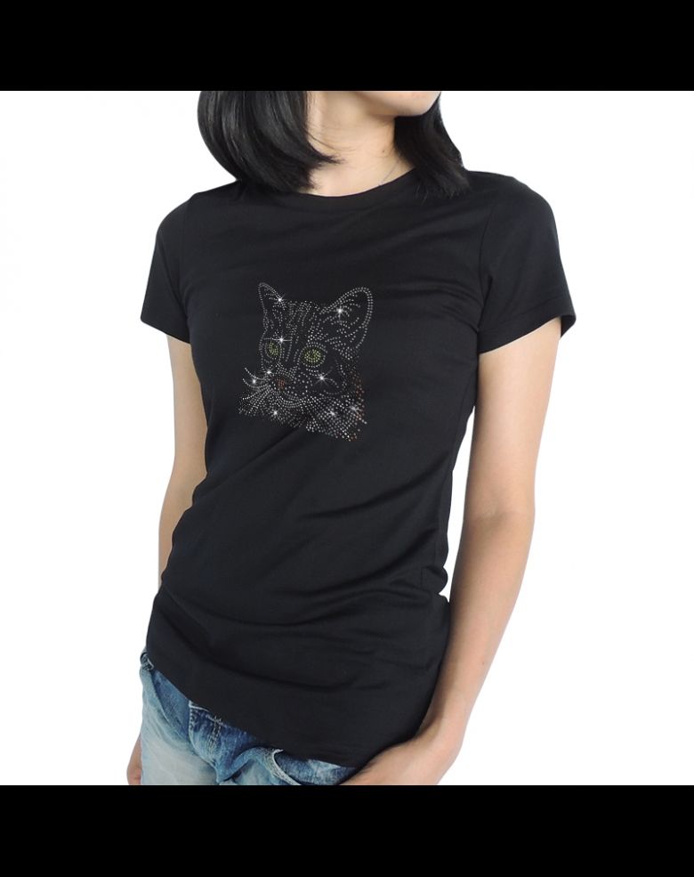 Women's Cute Cat Rhinestone Bling O-Neck T Shirt Design