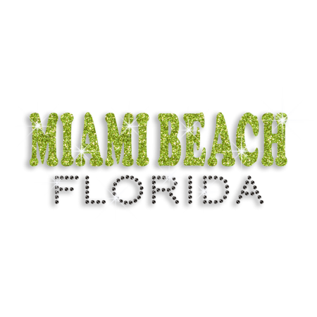 Green Miami Beach in Florida Iron on Rhinestone Glitter Transfer