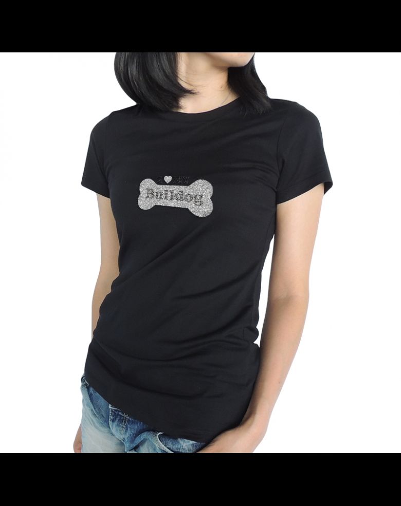 Glitteting Bone Bulldog Rhinestone Round Neck T Shirt for Women