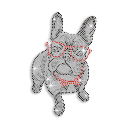 Cute Bull Dog Wearing Glasses Iron-on Rhinestone Transfer