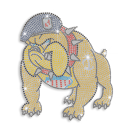 Yellow Bulldog Wearing Uniform Iron on Rhinestone Transfer