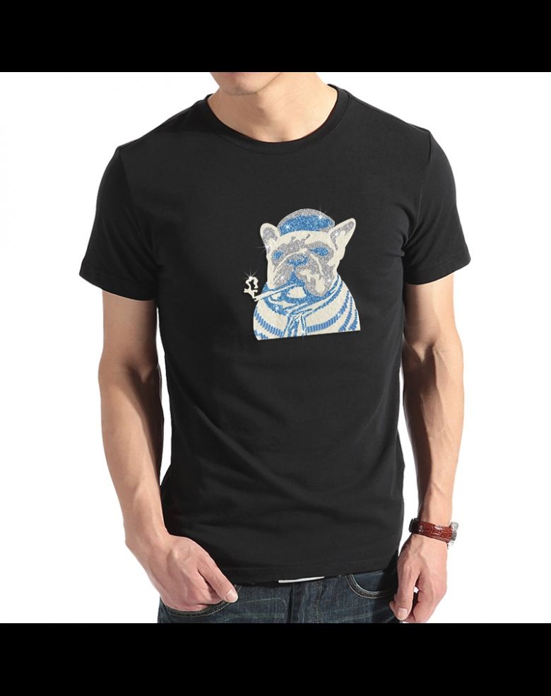 Glittering Smoking Bulldog Rhinestone Short Sleeves T Shirt for Men