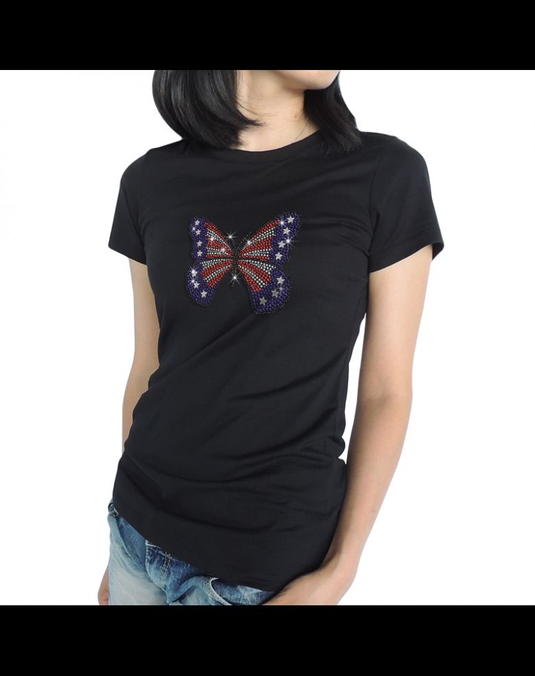 Women's Bling Butterfly with American Flag Design Rhinestone T Shirt
