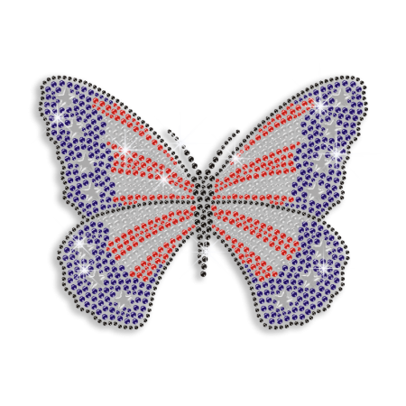 Bling Butterfly with American Flag Design Rhinestone Iron On