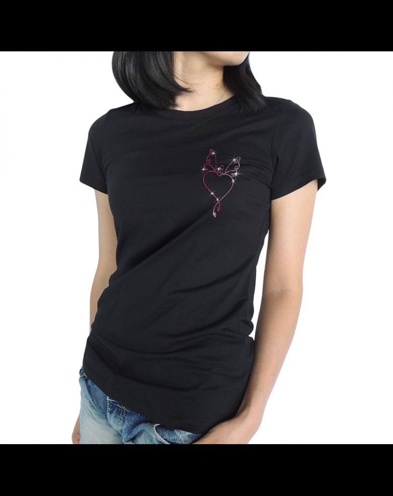 Pink Butterfly Heart Rhinestone Bling Short Sleeves T Shirt for Women