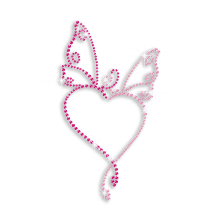 Pink Butterfly with Heart Shape Iron-on Rhinestone Transfer