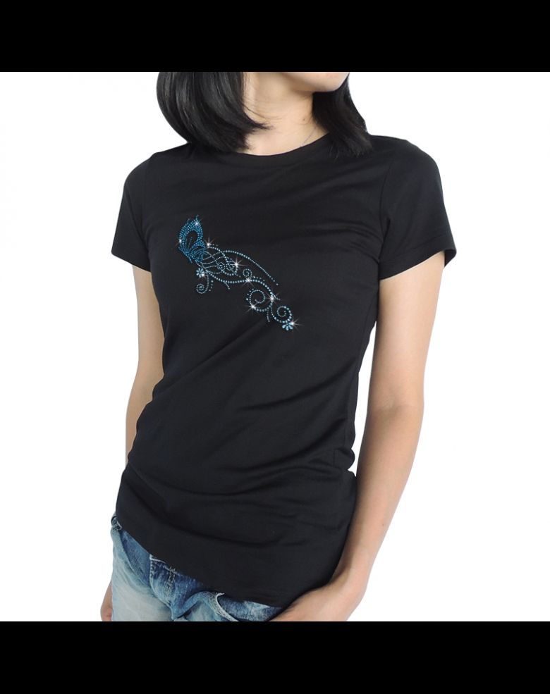 Bling Blue Butterfly Rhinestone Black T Shirt for Women