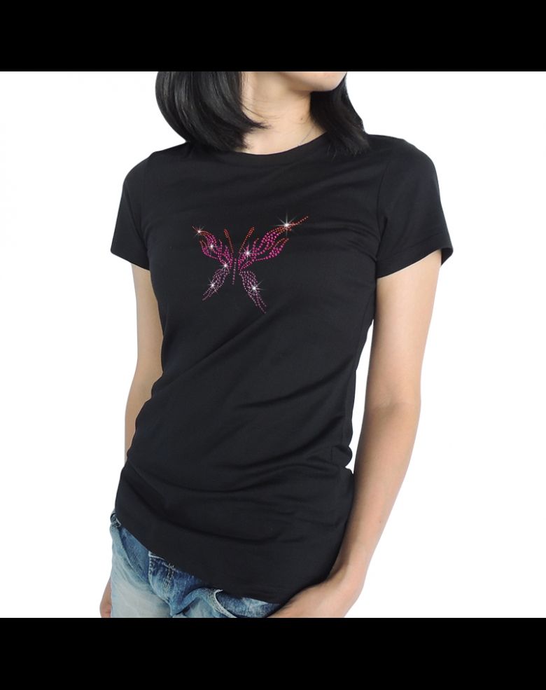 Bling Pink Butterfly Graphic Rhinestone Tee Shirt for Women