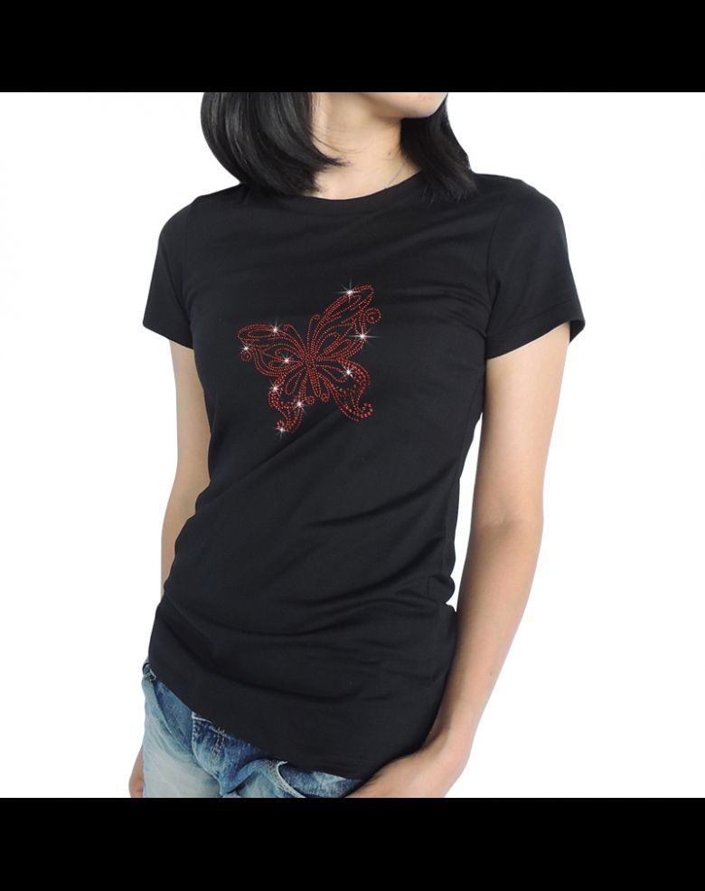 Women's Rhinestone Bling T Shirt with Bling Red Butterfly Design
