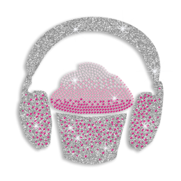 Fun Cupcake Listen to Music Iron on Rhinestud Transfer