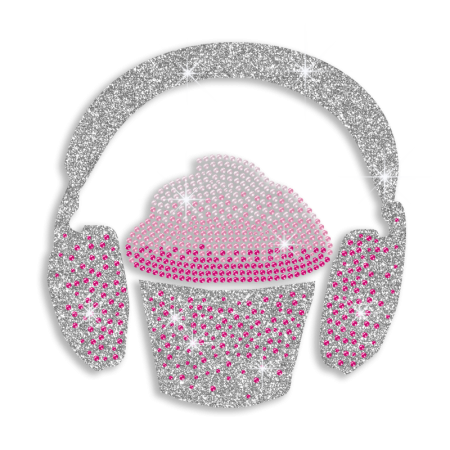 Fun Cupcake Listen to Music Iron on Rhinestud Transfer