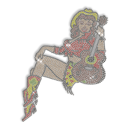 Shining Pretty Cowgirl with Guitar Rhinestone Iron on Transfer Design for Shirts