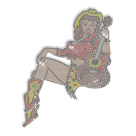 Shining Pretty Cowgirl with Guitar Rhinestone Iron on Transfer Design for Shirts