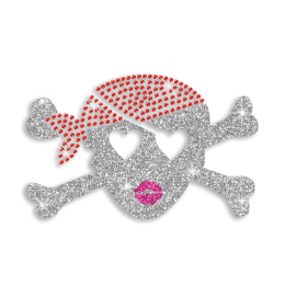 Cute Female Pirate Skull Hearts Rhinestone Glitter Iron on Transfer Motif