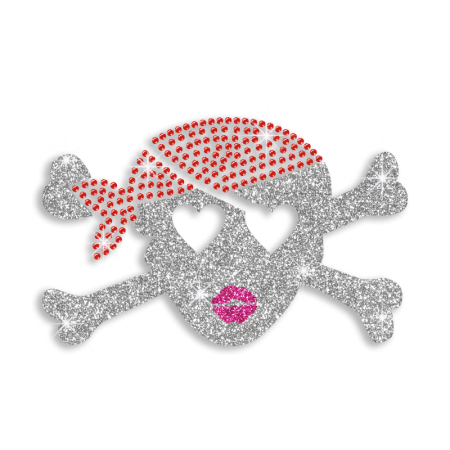 Cute Female Pirate Skull Hearts Rhinestone Glitter Iron on Transfer Motif