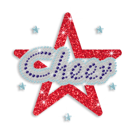 Beautiful Cheer with Red Star Glitter Rhinestone Hot Fix Transfer