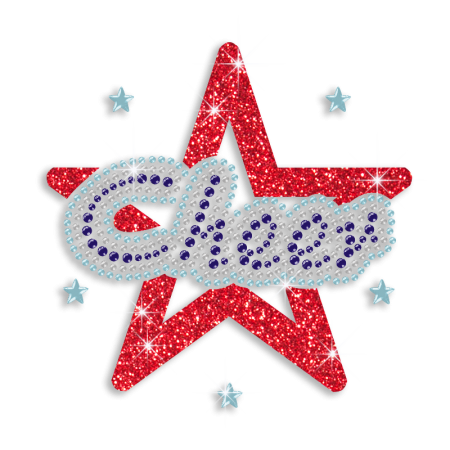 Beautiful Cheer with Red Star Glitter Rhinestone Hot Fix Transfer