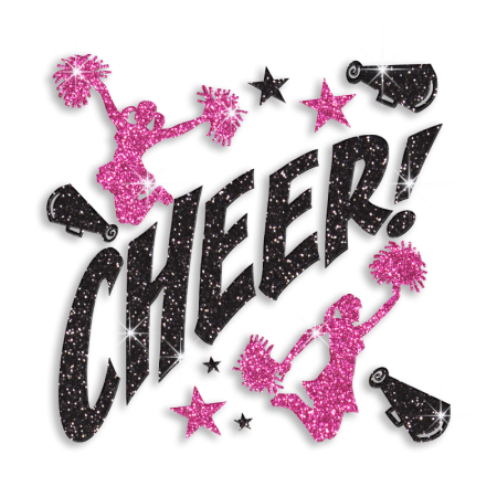 Pink Cheer Leaders with Black Cheer Glitter Iron on Transfer