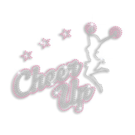 Pink Cheer Up Dancing Girl Iron on Rhinestud Design for Cheer Leaders