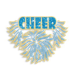 Teal Cheer with Pom Poms Rhinestone Iron on Transfer