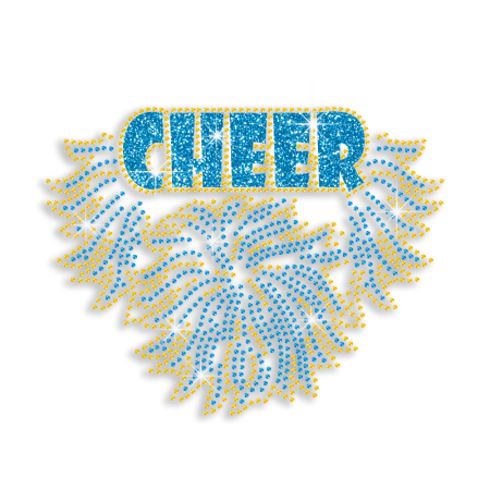 Teal Cheer with Pom Poms Rhinestone Iron on Transfer