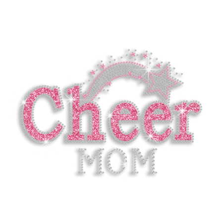 Bling Pink Cheer Mom Stars Rhinestone Glitter Nailhead Iron on Transfer