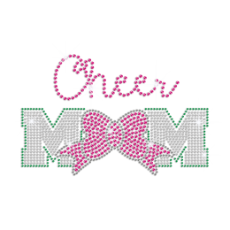 Bling Cheer Mom with Pink Bowknot Rhinestone Iron On