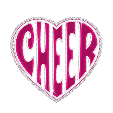 Shiny Pink Cheer Heart Iron on Holofoil Rhinestone Transfer Decal