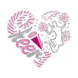 Glittering Cheerleader Cheer Heart Design Holofoil Rhinestone Iron On