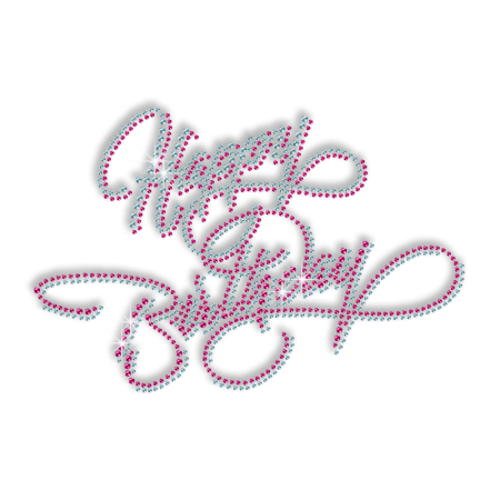Happy Birthday in Blue and Pink Rhinestud Iron on Transfer