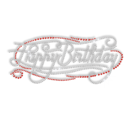 Happy Birthday in Crystal and Red Rhinestone Iron on Motif