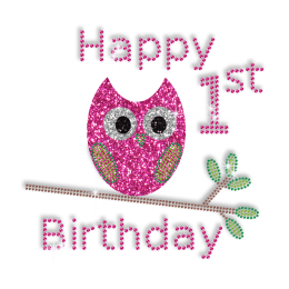 Happy 1st  Birthday and Cute Owl Iron on Bling Transfer