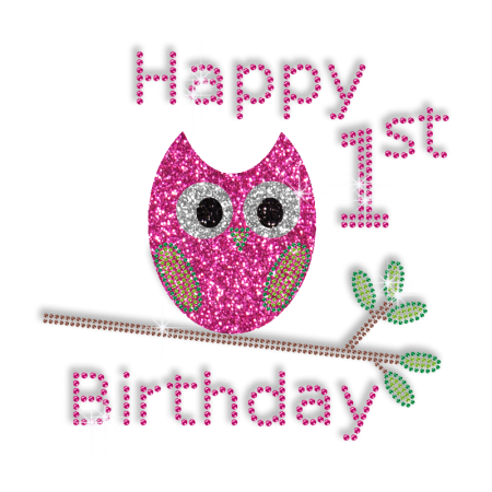 Happy 1st  Birthday and Cute Owl Iron on Bling Transfer