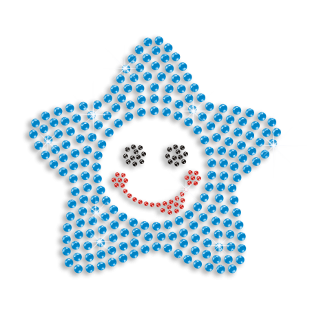 Bling Blue Star with Funny Face Iron on Rhinestone Transfer Motif