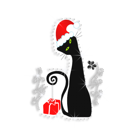 Cute Black Cat Bring Christmas Present Rhinestone Heat Transfer