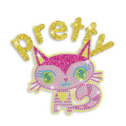 Kid Show Cute Kitty Cat Neon Rhinestud Glitter Iron-on Transfers