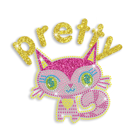 Kid Show Cute Kitty Cat Neon Rhinestud Glitter Iron-on Transfers