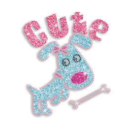 Kid Show Cute Dog with a Bone Glitter Iron on Rhinestone Transfer