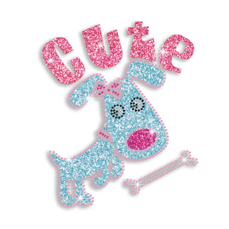 Kid Show Cute Dog with a Bone Glitter Iron on Rhinestone Transfer