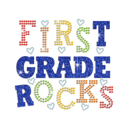 Glittering First Grade Rocks Iron on Rhinestone Transfer Motif