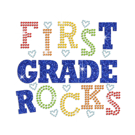 Glittering First Grade Rocks Iron on Rhinestone Transfer Motif