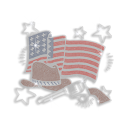 Custom Starry American Flag with Hat and Gun Rhinestone Iron on Transfer for Garments