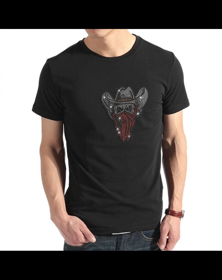Cool Skull Cowboy with A Red Mask Rhinestone T Shirt for Men