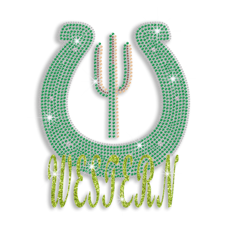 Green Western Cleuis Cactus Iron-on Rhinestone Transfer Design