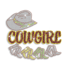 Cool Cowgirl with Hat & Boots Iron-on Glitter Rhinestone Transfer